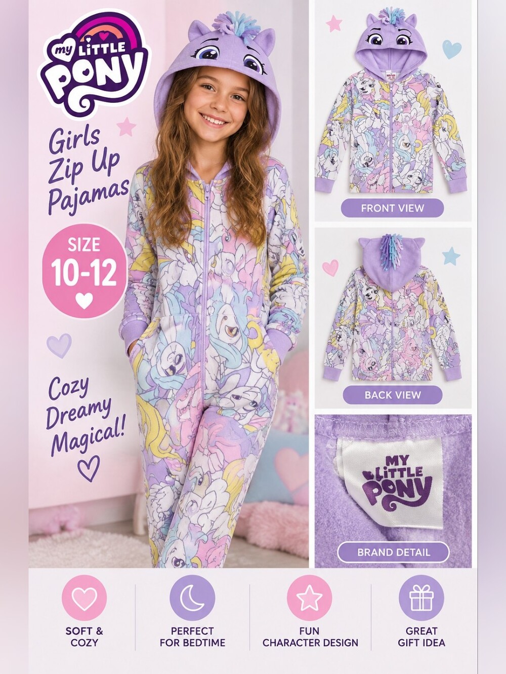 My little pony girls 10-12 zip up romper pajamas #07